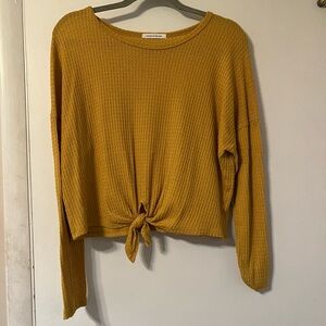 caution to the wind, mustard brown, cropped, long sleeve, front tie